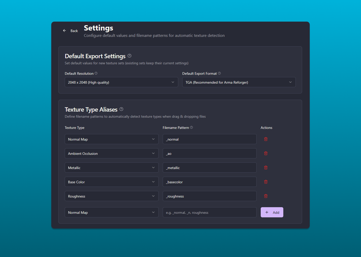Texture Wizard configurable filename alias settings for texture type detection